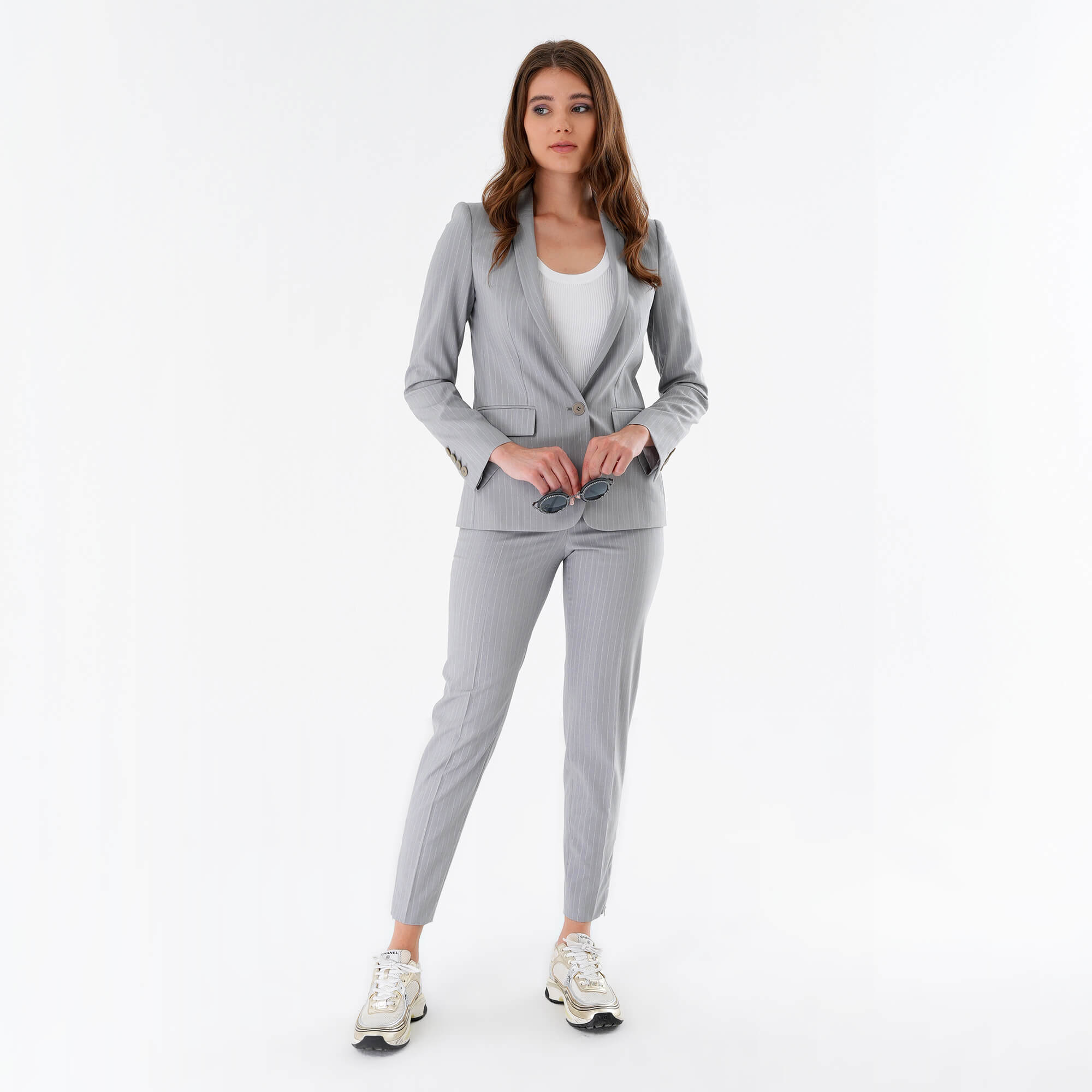 Stella McCartney - Grey Vertical Striped Blazer Fleur Jacket & Pants Suit  IT40